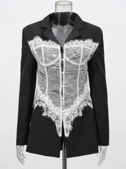 Blazer en dentelle corset sexy pour femme - Veste bustier cintrée contrastée noire et blanche - Idéale pour une soirée printanière 2026
