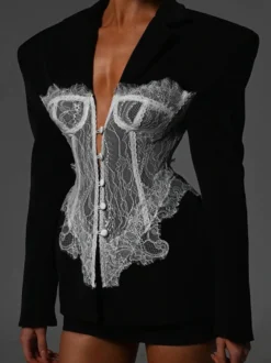 Blazer en dentelle corset sexy pour femme - Veste bustier cintrée contrastée noire et blanche - Idéale pour une soirée printanière 2026
