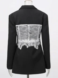 Blazer en dentelle corset sexy pour femme - Veste bustier cintrée contrastée noire et blanche - Idéale pour une soirée printanière 2026