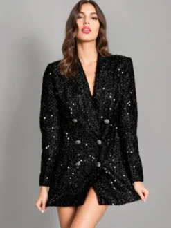 Blazer Femme Chic Polyester Col Rabattu Bouton Paillettes Manches Longues