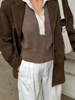 Blazer Femme Moderne En Daim Col Rabattu Manches Longues