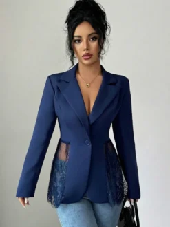 Blazer femme patchwork en dentelle - Coupe slim sexy avec ourlet transparent - Vêtements d'extérieur pour les soirées printanières 2026