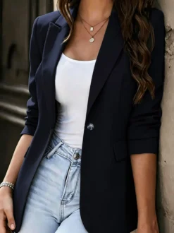 Blazer femme à un bouton et revers manches 3/4 retroussées coupe ajustée veste de tailleur décontractée pour le bureau