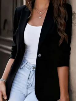 Blazer femme à un bouton et revers manches 3/4 retroussées coupe ajustée veste de tailleur décontractée pour le bureau