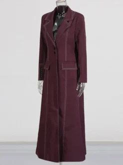 Blazer long à coutures contrastées pour femme revers cranté double boutonnage longueur maxi