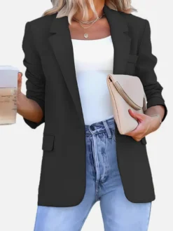 Blazer long à devant ouvert pour femme coupe ample et décontractée avec revers. Veste de tailleur noire décontractée.