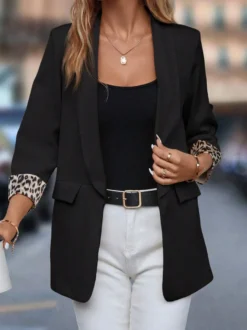Blazer ouvert à col châle et manches trois-quarts à poignets léopard veste décontractée pour femme