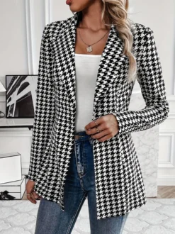 Blazer pied-de-poule pour femme coupe décontractée manches longues à revers et poches