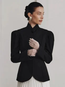 Blazer péplum vintage pour femme - Veste cintrée à manches bouffantes et col montant - Vêtement d'extérieur chic pour les fêtes de printemps 2026