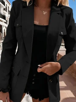 Blazer à revers ouvert sur le devant poches multiples manches longues veste de bureau élégante et décontractée pour femme
