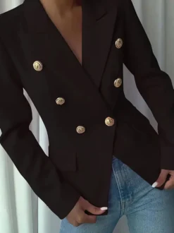 Blazer slim croisé à revers manches longues boutons dorés veste de bureau élégante pour femme