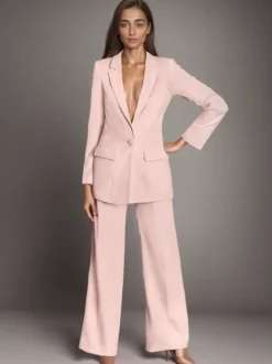 Blazer uni à revers cranté et boutonné ensemble 2 pièces décontracté