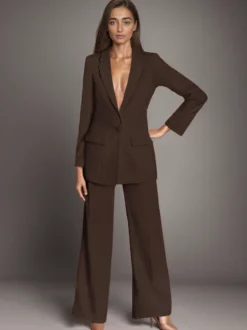 Blazer uni à revers cranté et boutonné ensemble 2 pièces décontracté