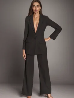 Blazer uni à revers cranté et boutonné ensemble 2 pièces décontracté