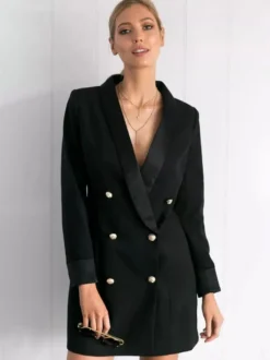 Blazer Veste Double Boutonnage Col V Robe Veste Pour Femme Manteau Chic