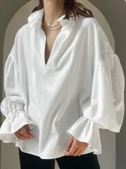 Blouse 100 % coton pour femme style bohème chic - Col à volants blanc manches lanternes col en V - Vacances à la plage 2026