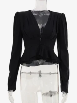 Blouse courte en satin à décolleté en V profond épaules bouffantes et ourlet à volants manches longues coupe ajustée