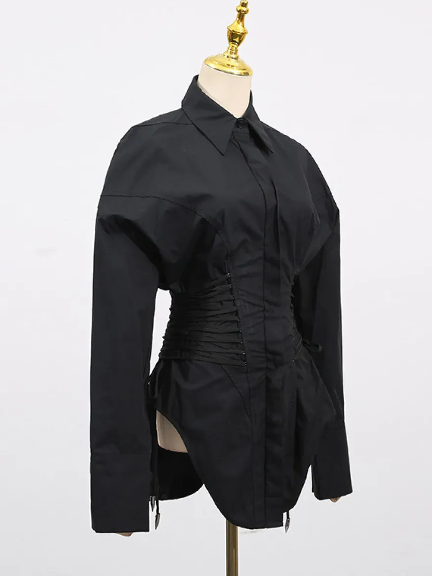 Blouse noire pour femme col rabattu boutons chics lacets manches longues