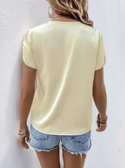 Blouse pour femme abricot col en V manches courtes style décontracté idéale pour l'été