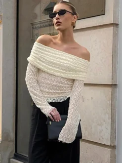 Blouse pour femme abricot plissée en dentelle froncée épaules dénudées élégante manches longues
