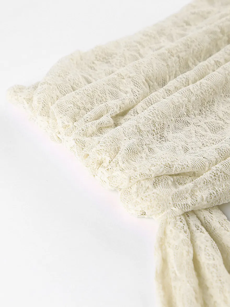 Blouse pour femme abricot plissée en dentelle froncée épaules dénudées élégante manches longues