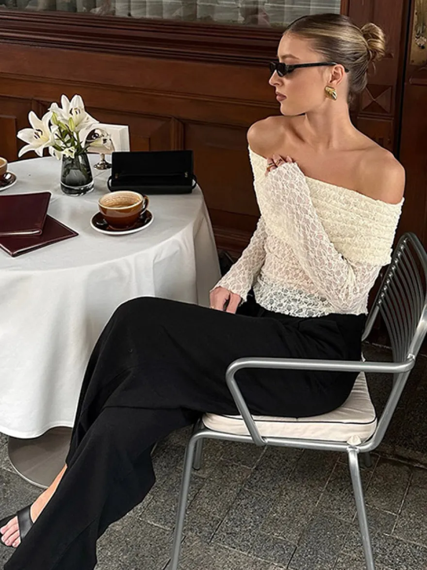 Blouse pour femme abricot plissée en dentelle froncée épaules dénudées élégante manches longues