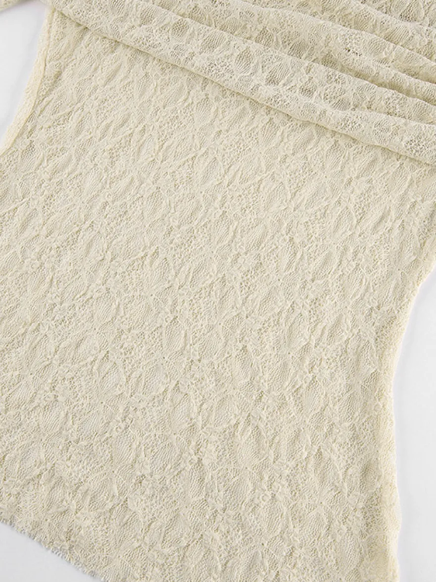 Blouse pour femme abricot plissée en dentelle froncée épaules dénudées élégante manches longues