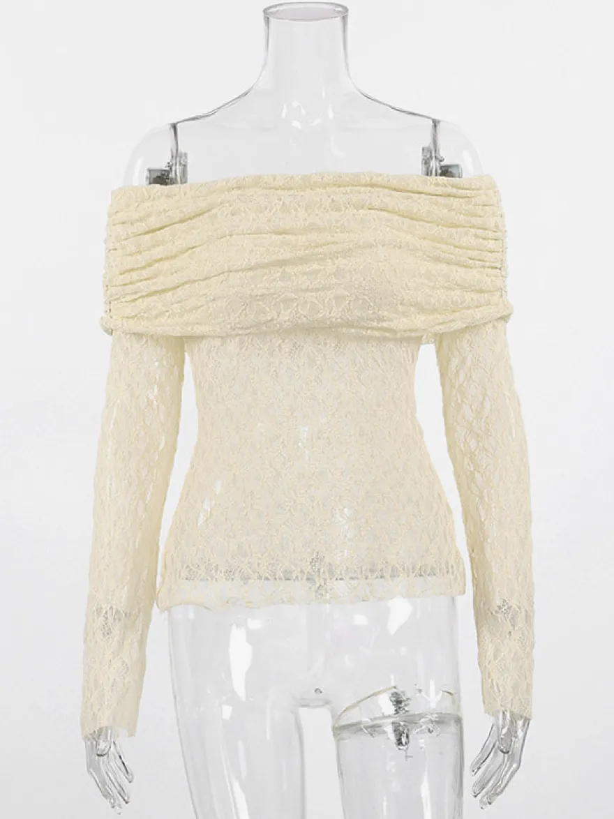 Blouse pour femme abricot plissée en dentelle froncée épaules dénudées élégante manches longues