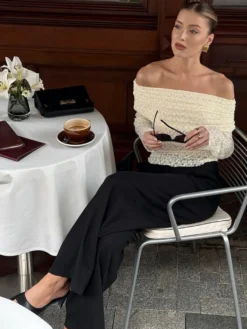 Blouse pour femme abricot plissée en dentelle froncée épaules dénudées élégante manches longues