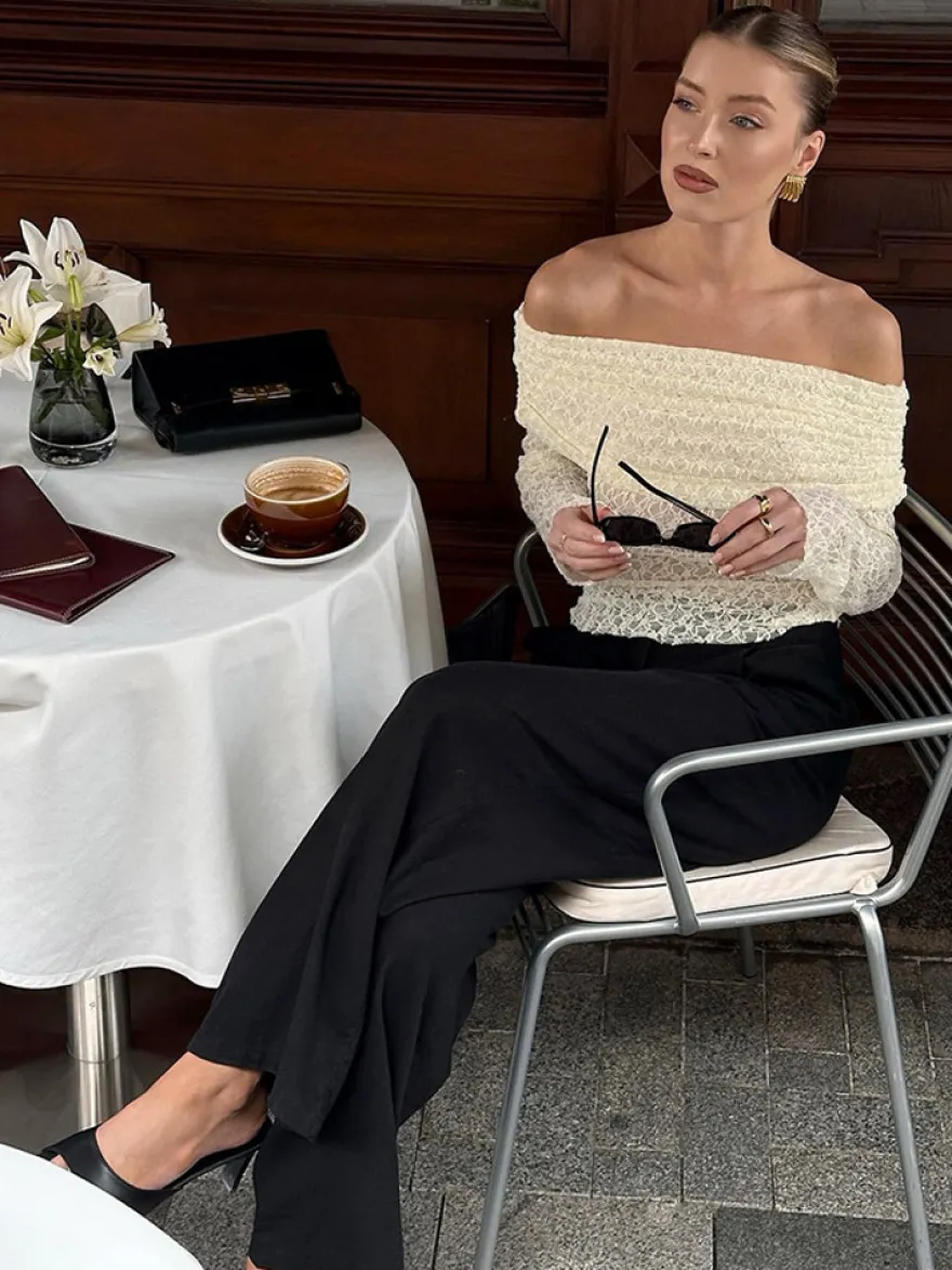 Blouse pour femme abricot plissée en dentelle froncée épaules dénudées élégante manches longues