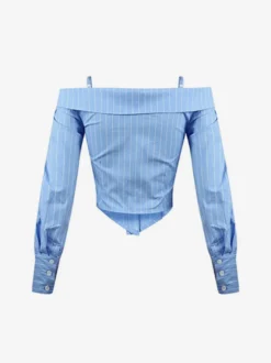 Blouse pour femme bleu ciel clair épaules dénudées coupe élégante manches longues