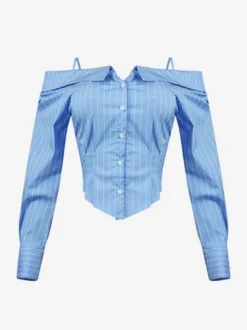 Blouse pour femme bleu ciel clair épaules dénudées coupe élégante manches longues