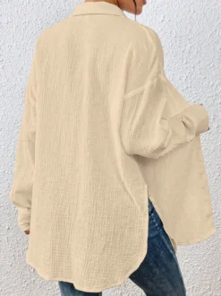 Blouse pour femme couleur abricot boutons col rabattu manches longues chics top en coton
