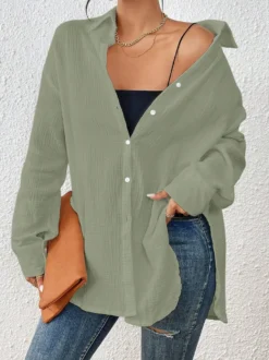 Blouse pour femme couleur abricot boutons col rabattu manches longues chics top en coton