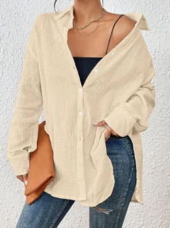 Blouse pour femme couleur abricot boutons col rabattu manches longues chics top en coton