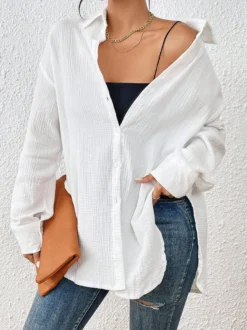 Blouse pour femme couleur abricot boutons col rabattu manches longues chics top en coton