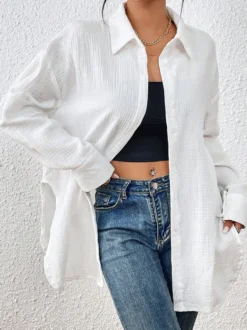 Blouse pour femme couleur abricot boutons col rabattu manches longues chics top en coton