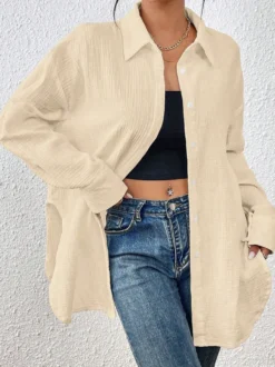Blouse pour femme couleur abricot boutons col rabattu manches longues chics top en coton