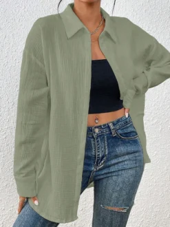 Blouse pour femme couleur abricot boutons col rabattu manches longues chics top en coton