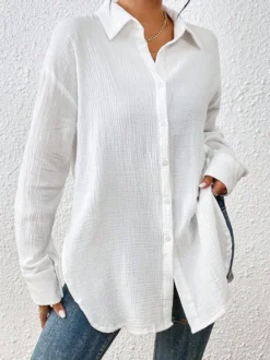 Blouse pour femme couleur abricot boutons col rabattu manches longues chics top en coton