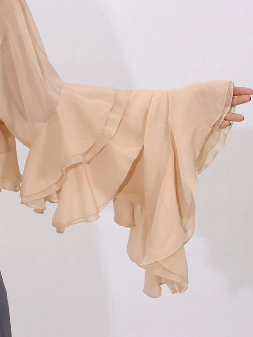 Blouse pour femme couleur saumon à volants plissée col montant manches longues chic