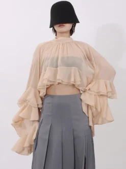 Blouse pour femme couleur saumon à volants plissée col montant manches longues chic