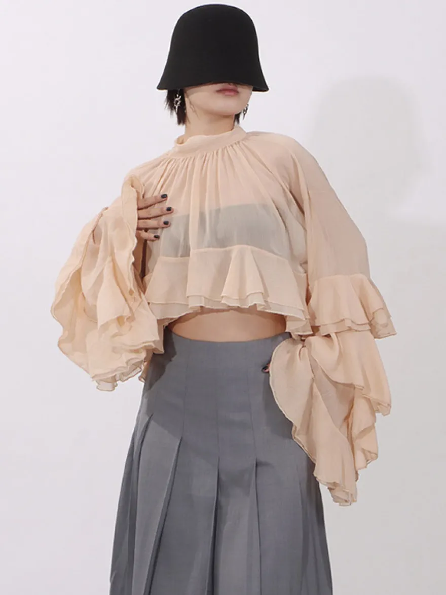 Blouse pour femme couleur saumon à volants plissée col montant manches longues chic