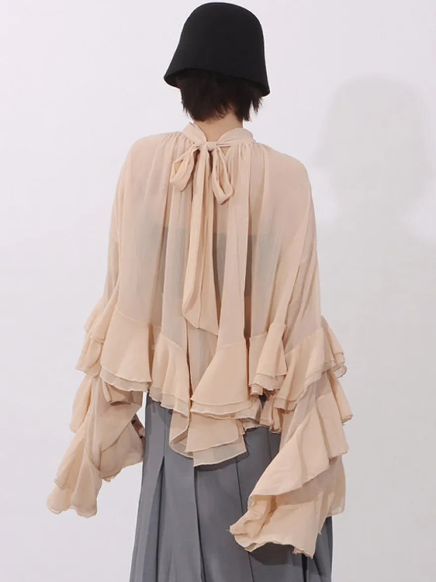 Blouse pour femme couleur saumon à volants plissée col montant manches longues chic