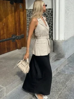 Blouse pour femme en coton et lin kaki dos nu laçage décontracté sans manches
