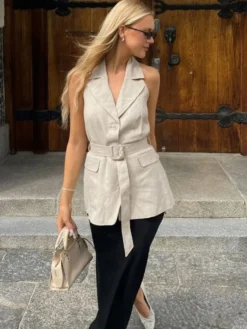 Blouse pour femme en coton et lin kaki dos nu laçage décontracté sans manches