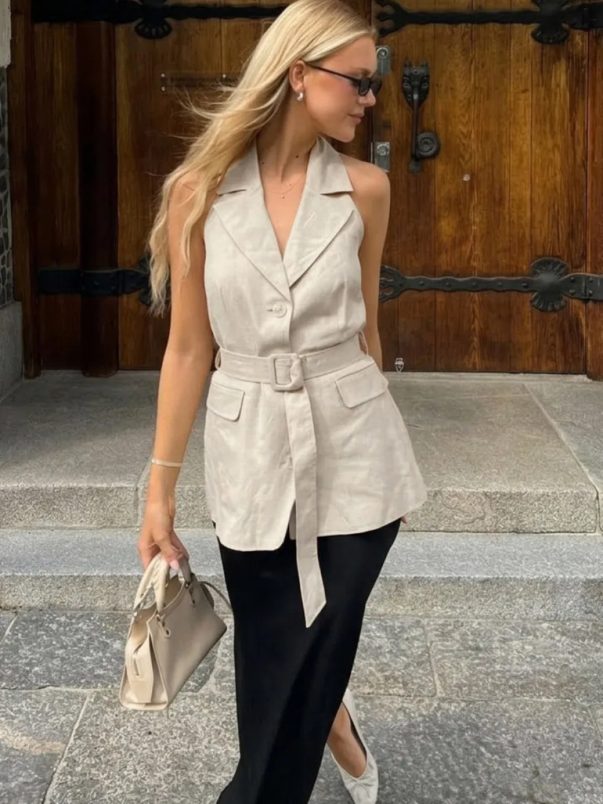 Blouse pour femme en coton et lin kaki dos nu laçage décontracté sans manches