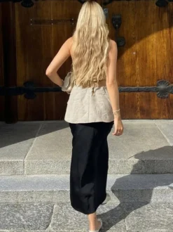 Blouse pour femme en coton et lin kaki dos nu laçage décontracté sans manches