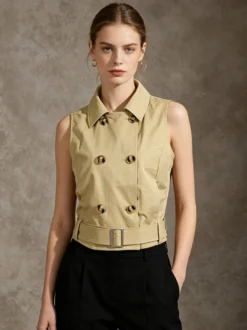 Blouse pour femme en coton kaki col rabattu ceinture académique boutons sans manches