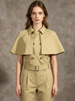 Blouse pour femme en coton kaki col rabattu ceinture académique boutons sans manches
